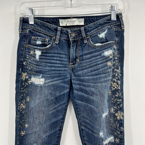Womens ABERCROMBIE & FITCH Dark Wash Skinny Slim Low Rise Jeans 00 24” Floral - Picture 3 of 16